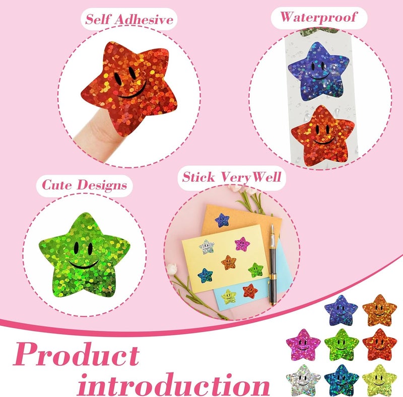 XITDW 700Pcs Smiley Face Star Stickers for Kids Reward,1inch 8 Colored Sparkly Foil Star Stickers for Student Planner and School Classroom Teacher Supplies 3.15inch in Diameter per roll(8cm) - Image 5